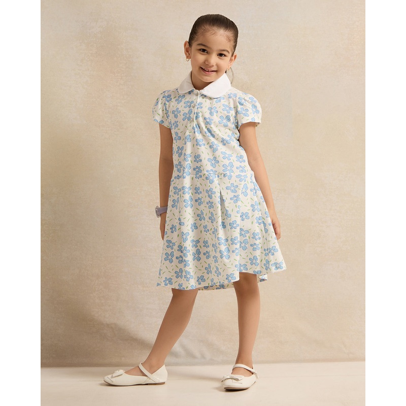 Girls White Floral Print Collared Dress