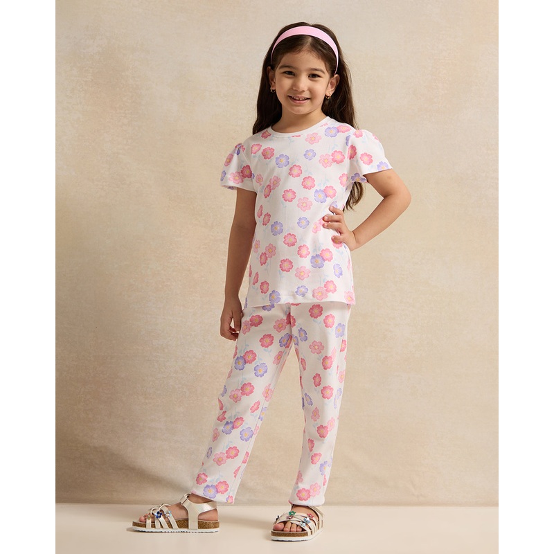 Girls White Floral Print Pyjama Set (2 Piece)