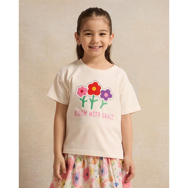Girls White Front Flower Embellished T-Shirt