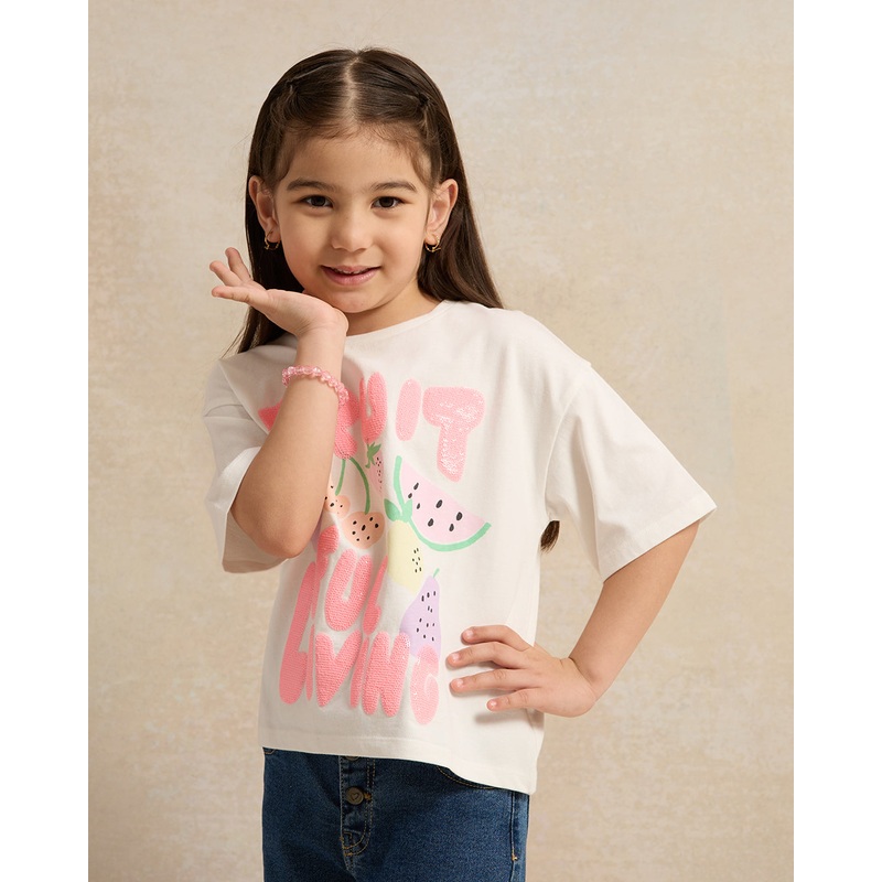 Girls White Sequins Printed T-shirt