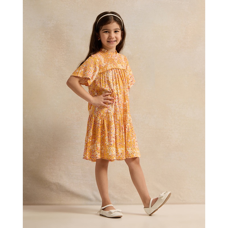 Girls Yellow Printed Dress|2-3 Years|3-4 Years|4-5 Years|5-6 Years|6-7 Years|7-8 Years