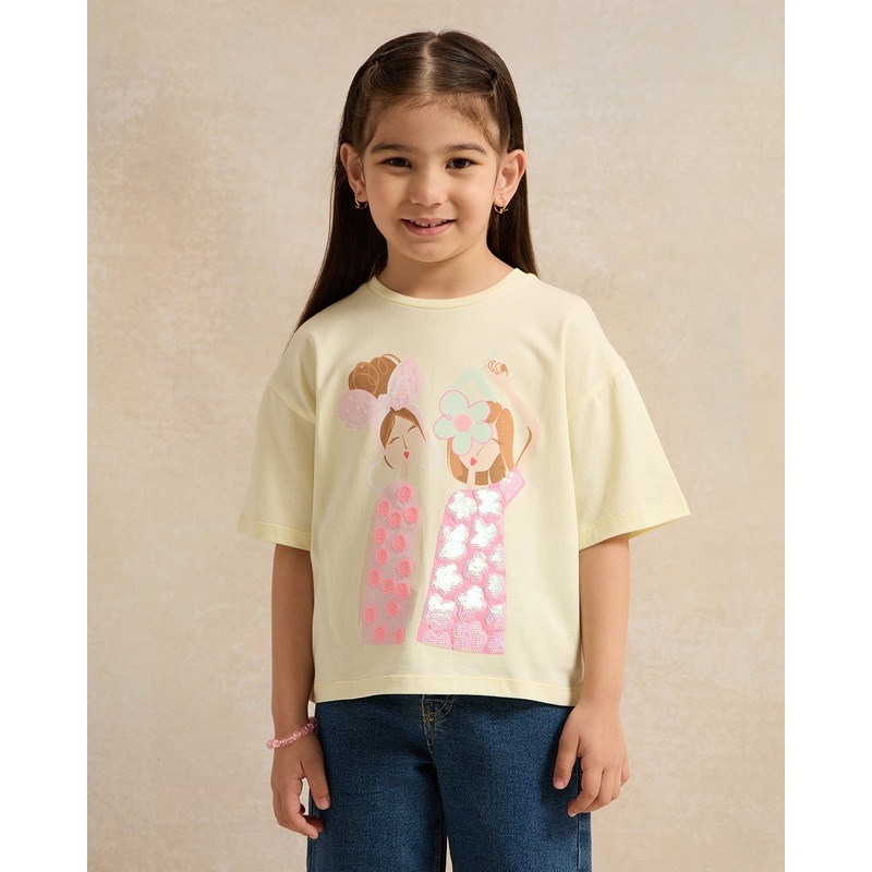 Girls Yellow Sequins Printed T-shirt