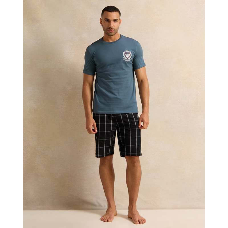 Men Blue And Black Checkered Pyjama Set (2 Piece)