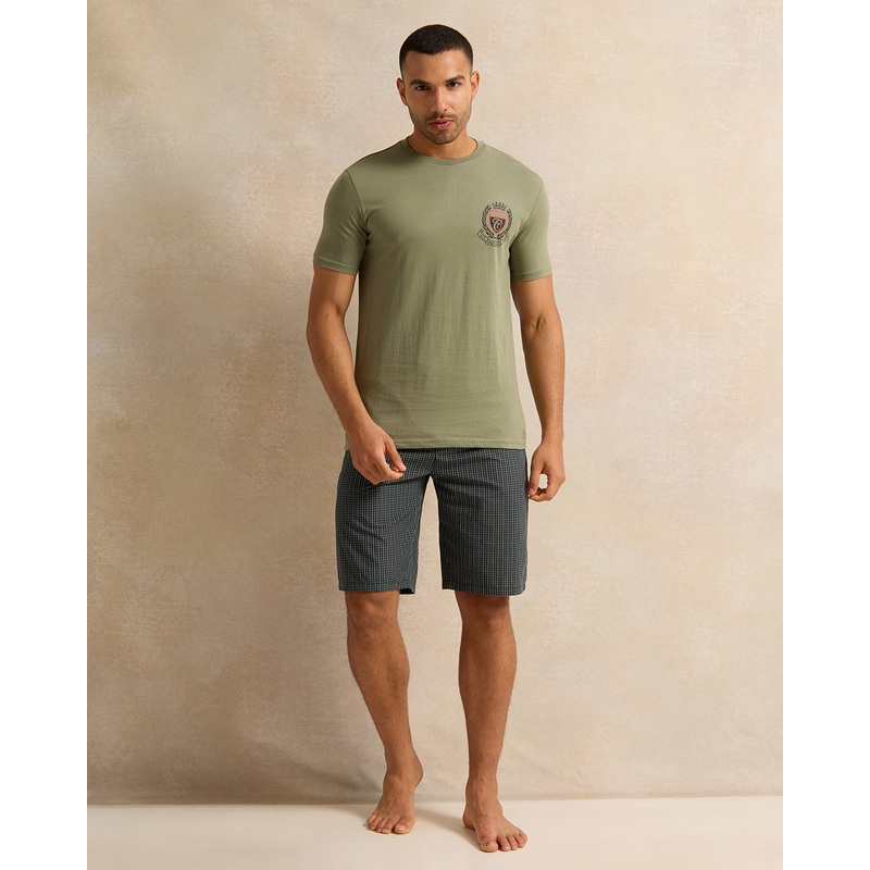 Men Olive Checkered Pyjama Set (2 Piece)