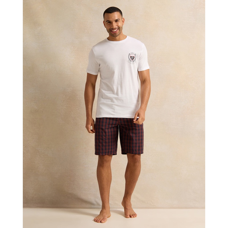 Men White And Burgundy Checkered Pyjama Set (2 Piece)