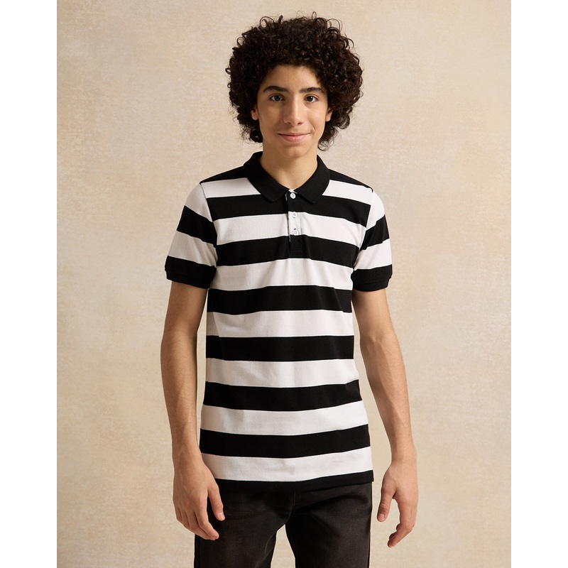 Senior Boys Black And White Striped Polo T-Shirt