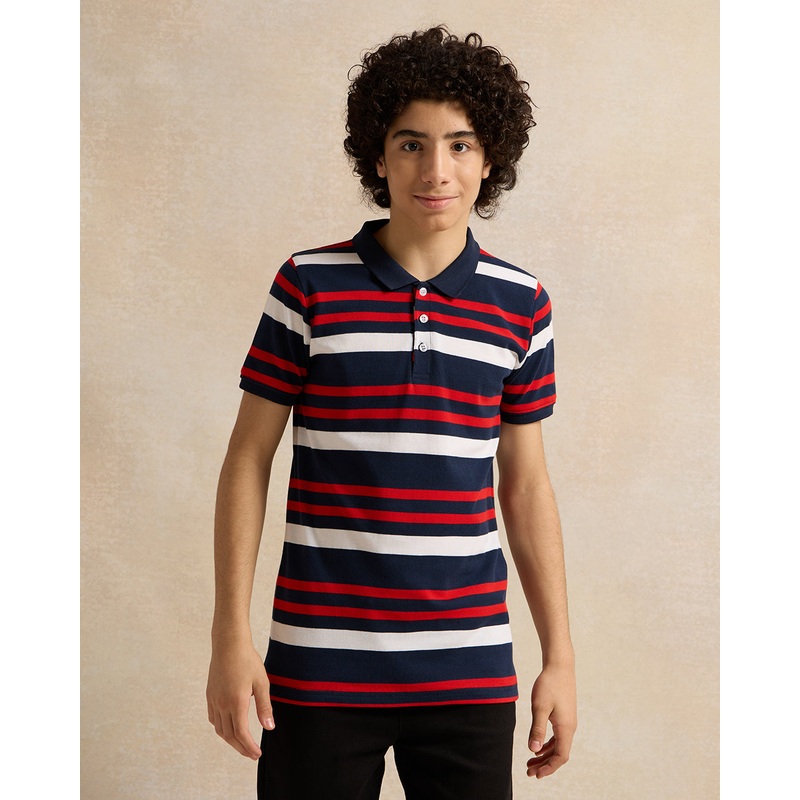 Senior Boys Navy Striped Polo T-Shirt