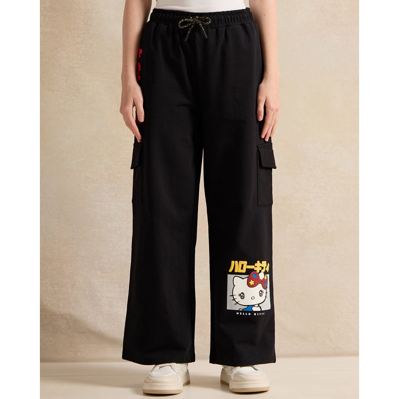 Senior Girls Black Hello Kitty Printed Cargo Pocket Wide Leg Pants