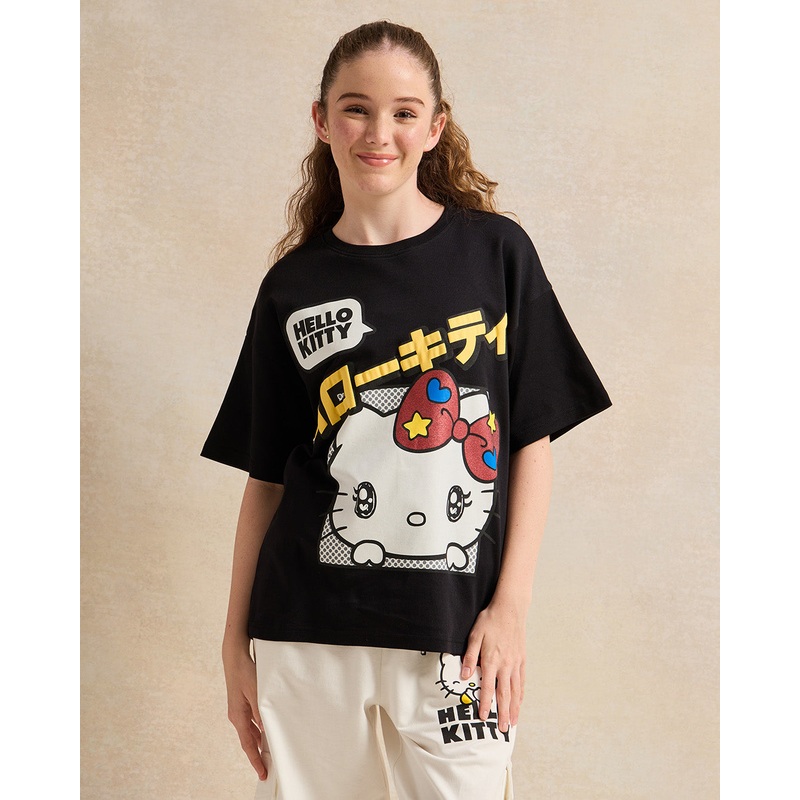Senior Girls Black Oversize  Printed T-shirt