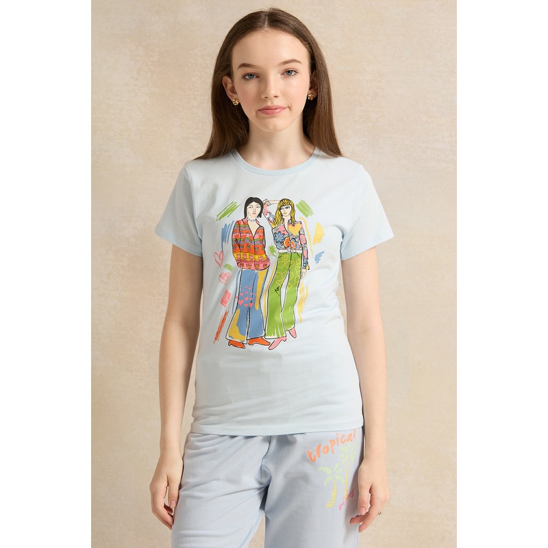 Senior Girls Blue Placement Print T-Shirt