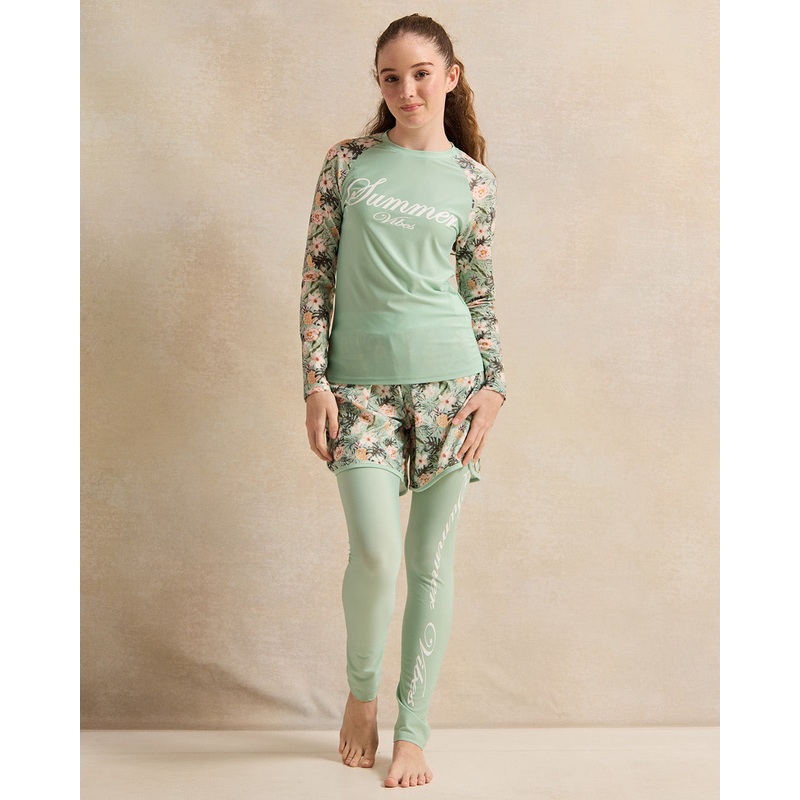 Senior Girls Green Printed T-Shirt And Shorts With Leggings Set (3 Piece)