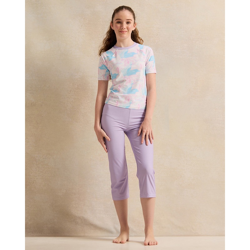 Senior Girls Lilac Printed T-Shirt With Leggings Swim Set (2 Piece)
