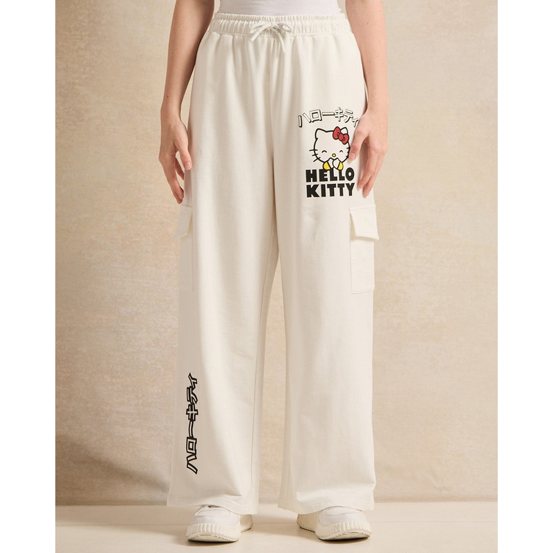 Senior Girls White Hello Kitty Wide leg Printed Cargo Pocket Wide Leg Pants