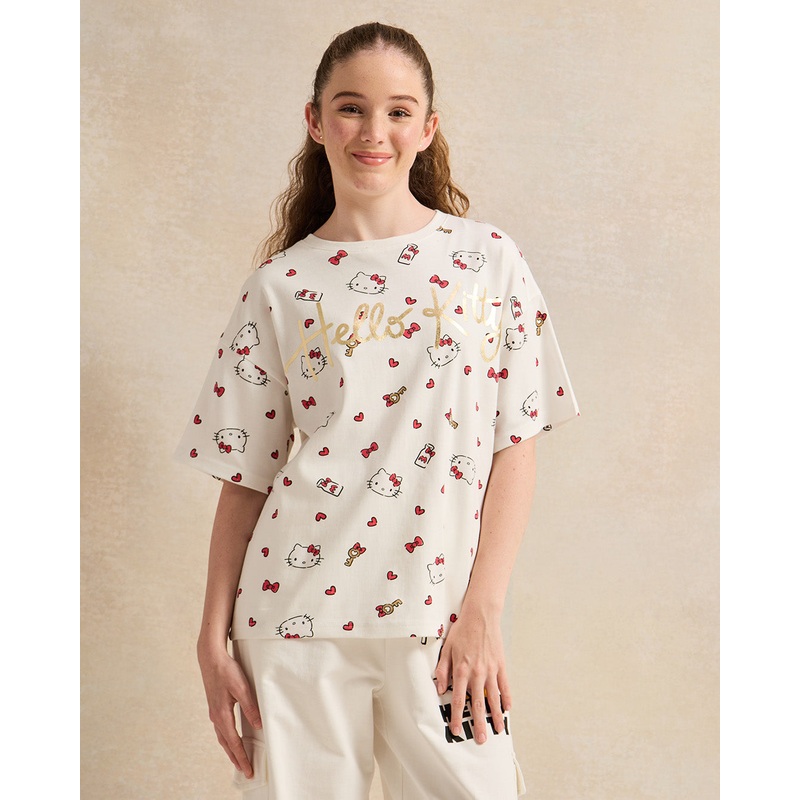 Senior Girls White Printed Hello Kitty T-shirt
