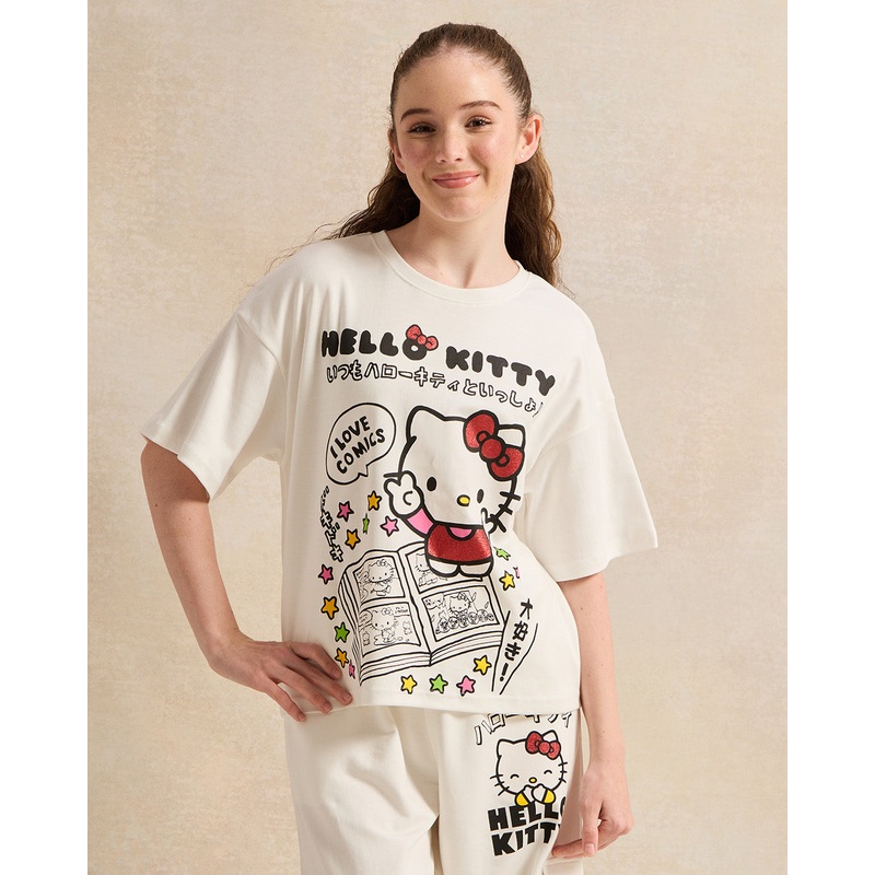 Senior Girls White Printed Oversize Hello Kitty T-shirt