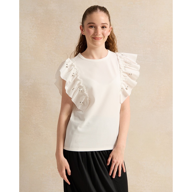 Senior Girls White Ruffled Sleeve With Pearls