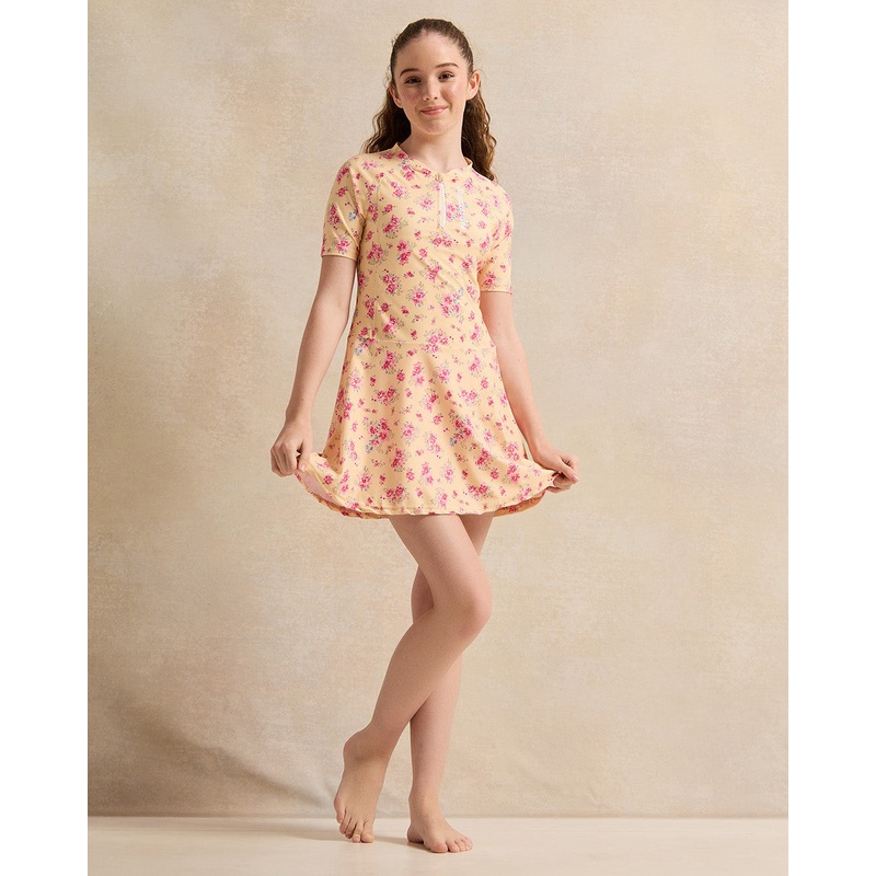 Senior Girls Yellow Printed Swimsuit Set (2Piece)