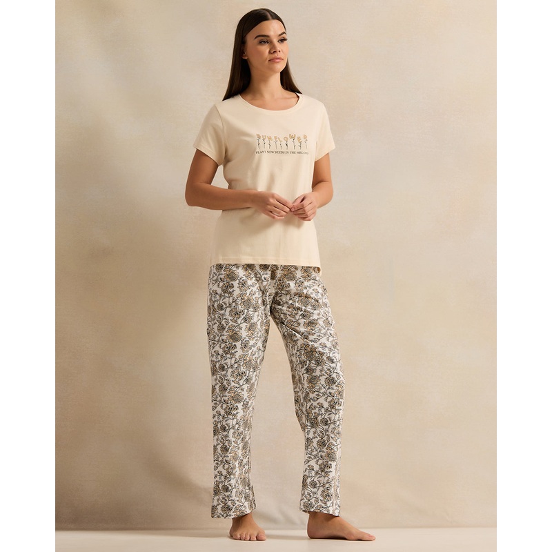 Women Beige Floral  Pyjama Set (2 Piece)