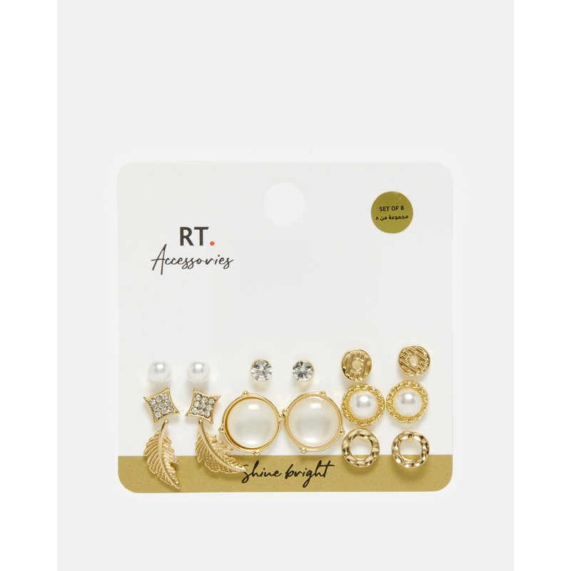 Women Gold Embellished Studs Set (8 Pairs)