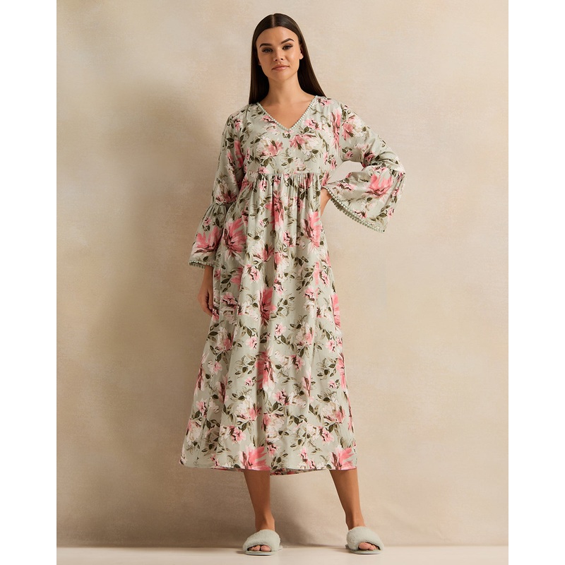 Women Green Printed V-Shape Nightgown
