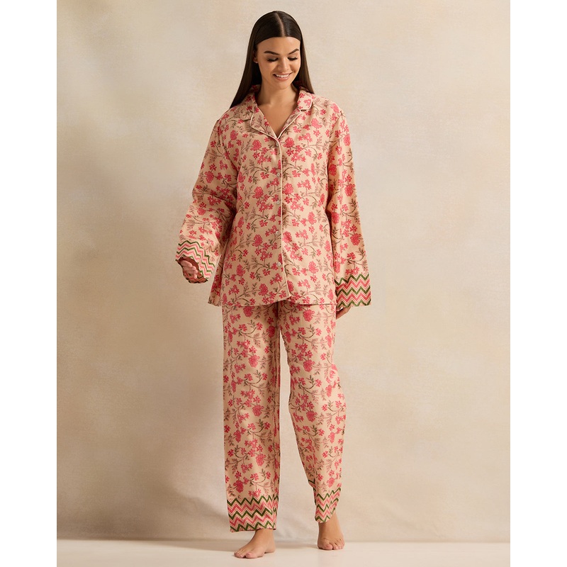 Women Ivory Floral Cotton Satin Pyjama Set (2 Piece)
