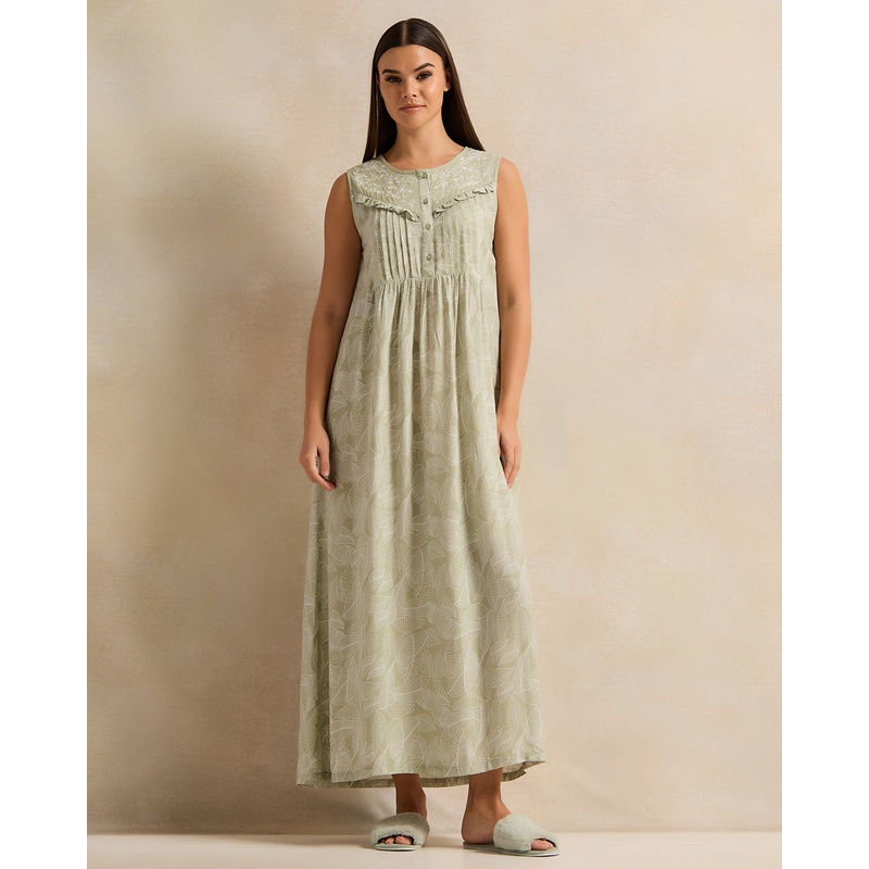 Women Mint Embroidered Nightgown