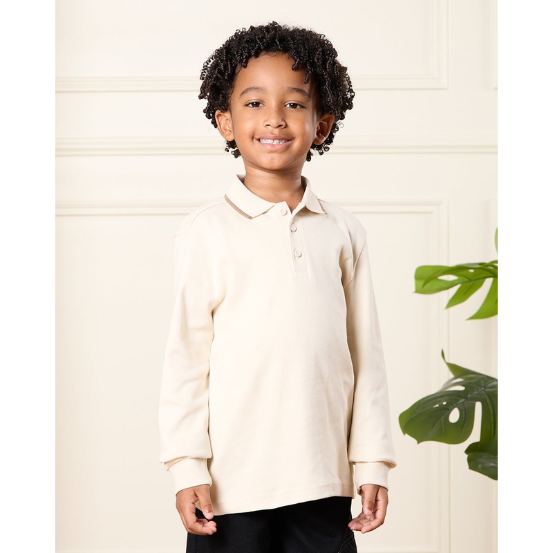Boys Beige Long Sleeve Polo Shirt