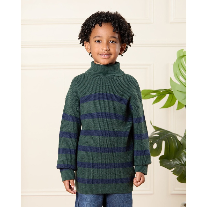 Boys Green Striped Roll Neck Jumper