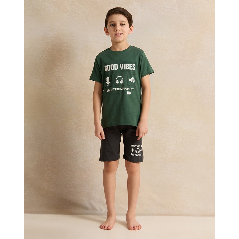 Boys Olive And Black Printed Pyjama Set (2 Piece)