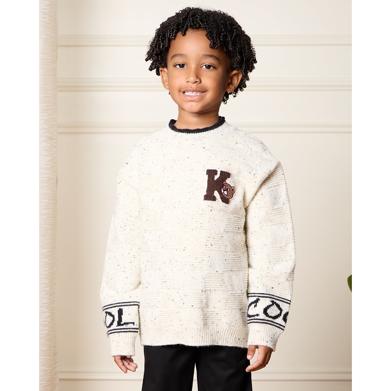 Boys White Teddy Embroidered Sweater
