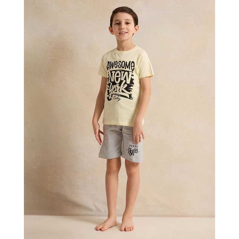 Boys Yellow And Grey Printed Pyjama Set (2 Piece)