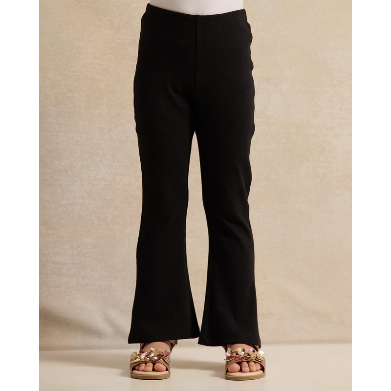 Girls Black Ribbed Flared Leggings