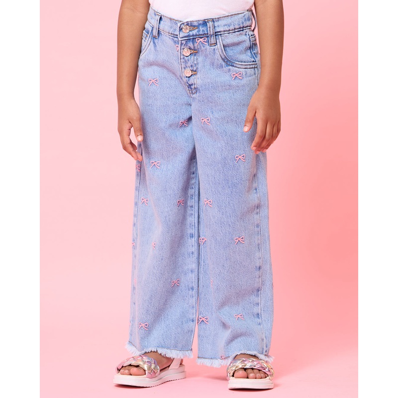 Girls Blue All Over Embroidery Wide Leg Jeans
