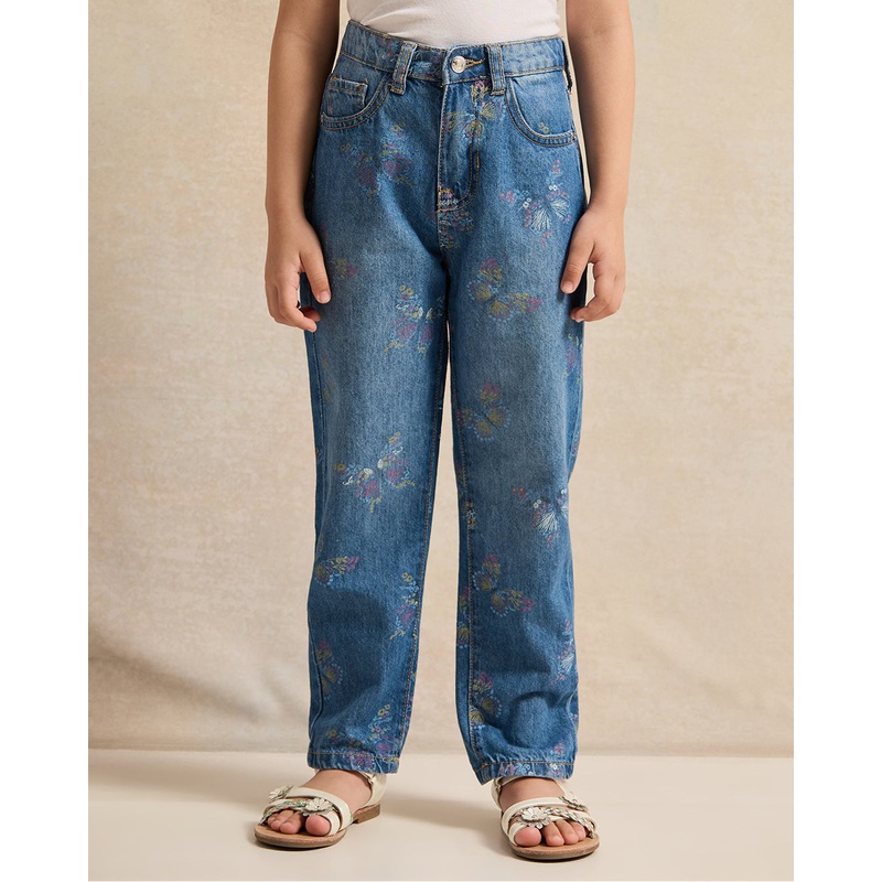 Girls Blue Printed Mom Fit Jeans