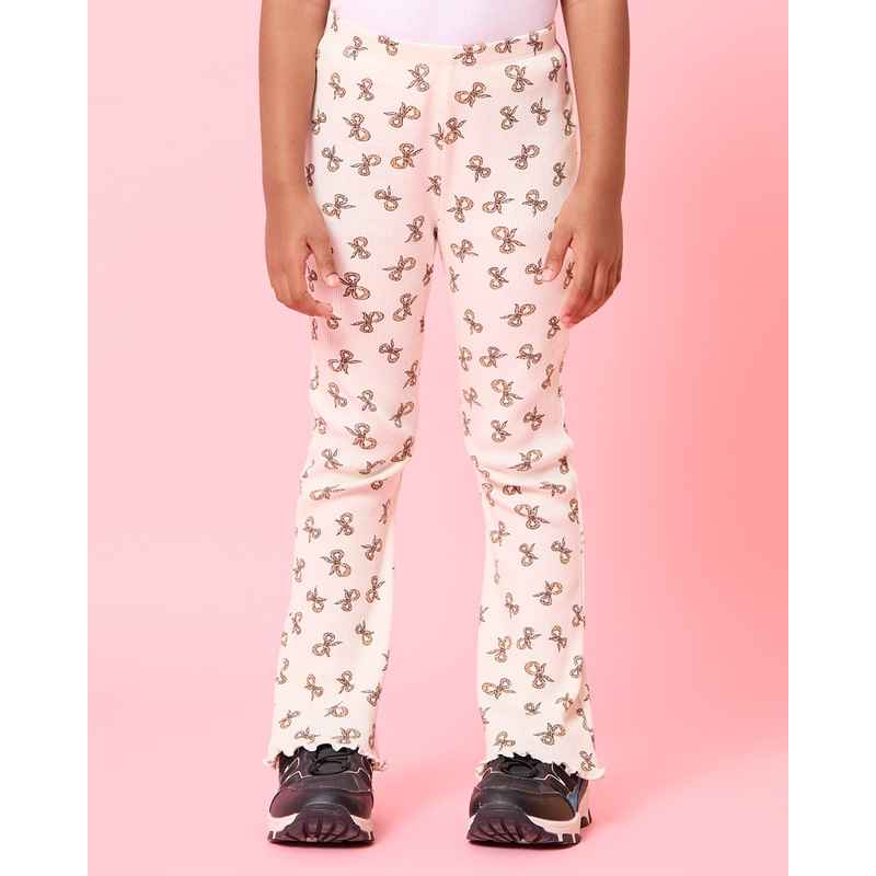 Girls Ivory Bow Print Slim Fit Leggings
