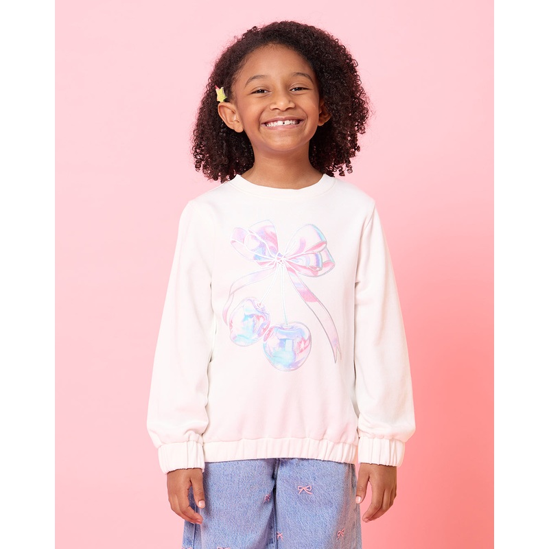 Girls Ivory Bow Printed Sweatshirt