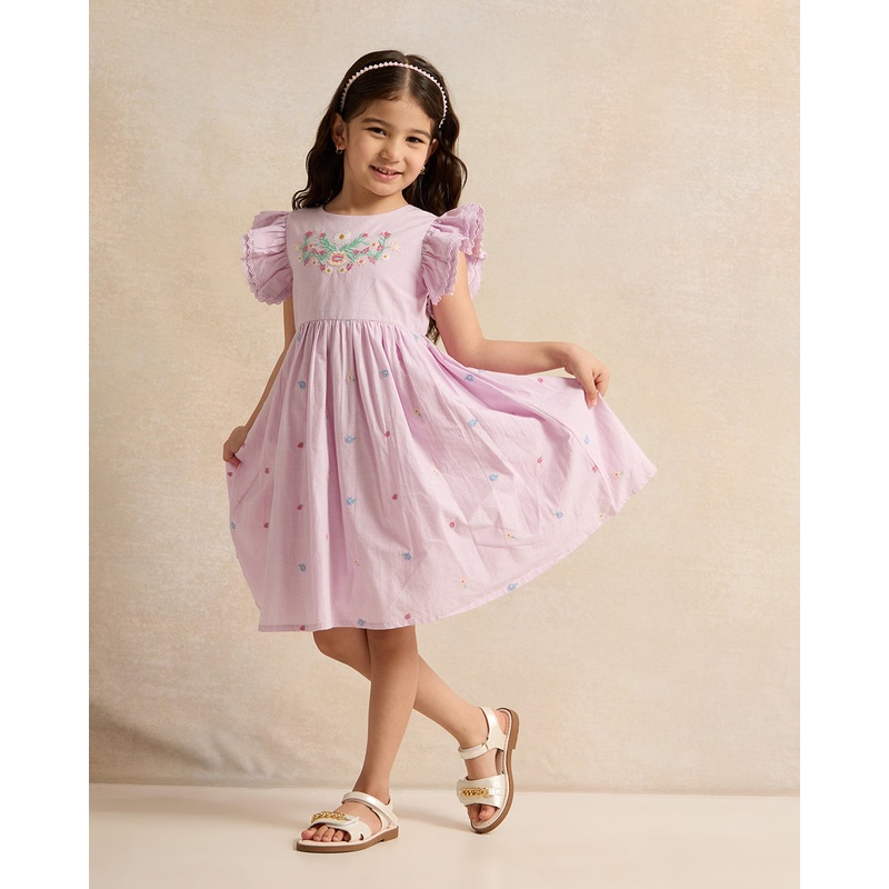 Girls  Lilac Embroidered Frill Sleeve Dress
