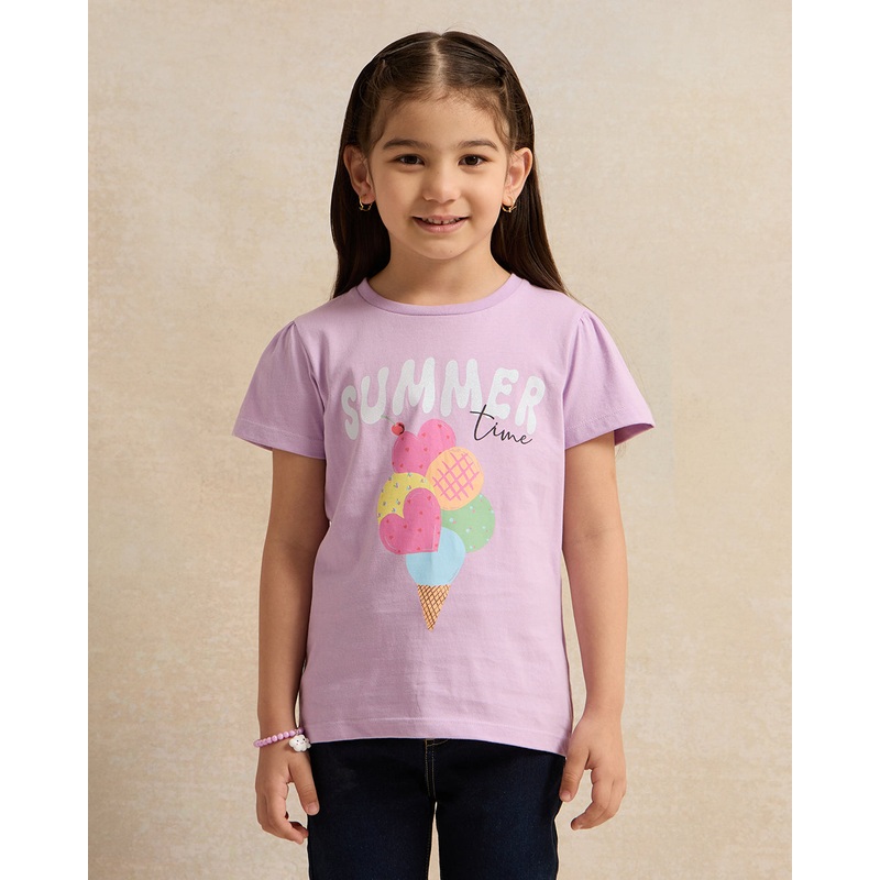 Girls Lilac Summer Time Placement Print T-Shirt