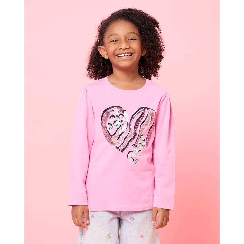 Girls Pink Heart Embellished T-Shirt