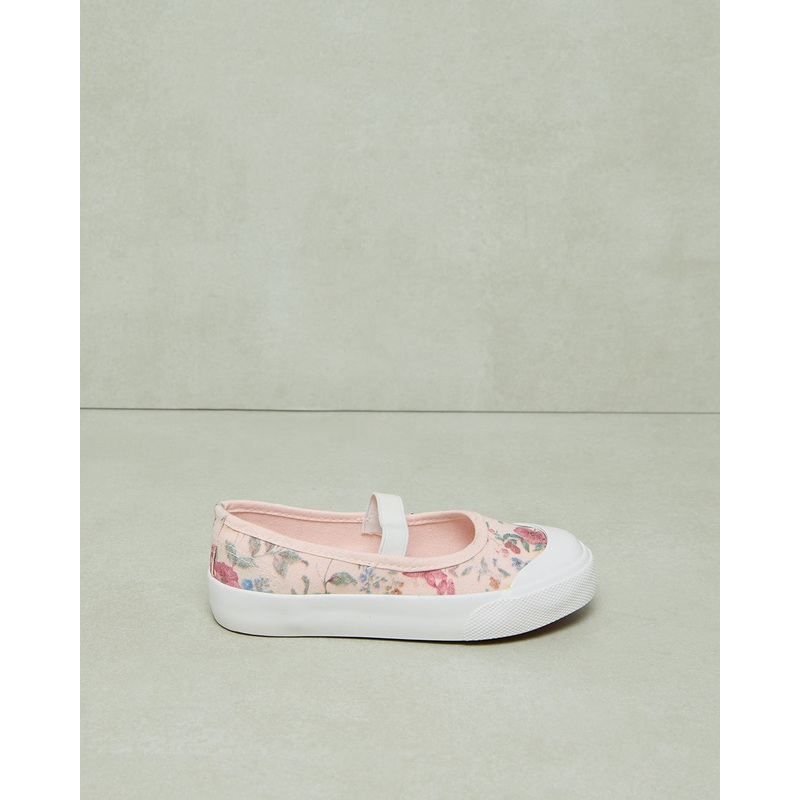 Girls White Floral Printed Canvas