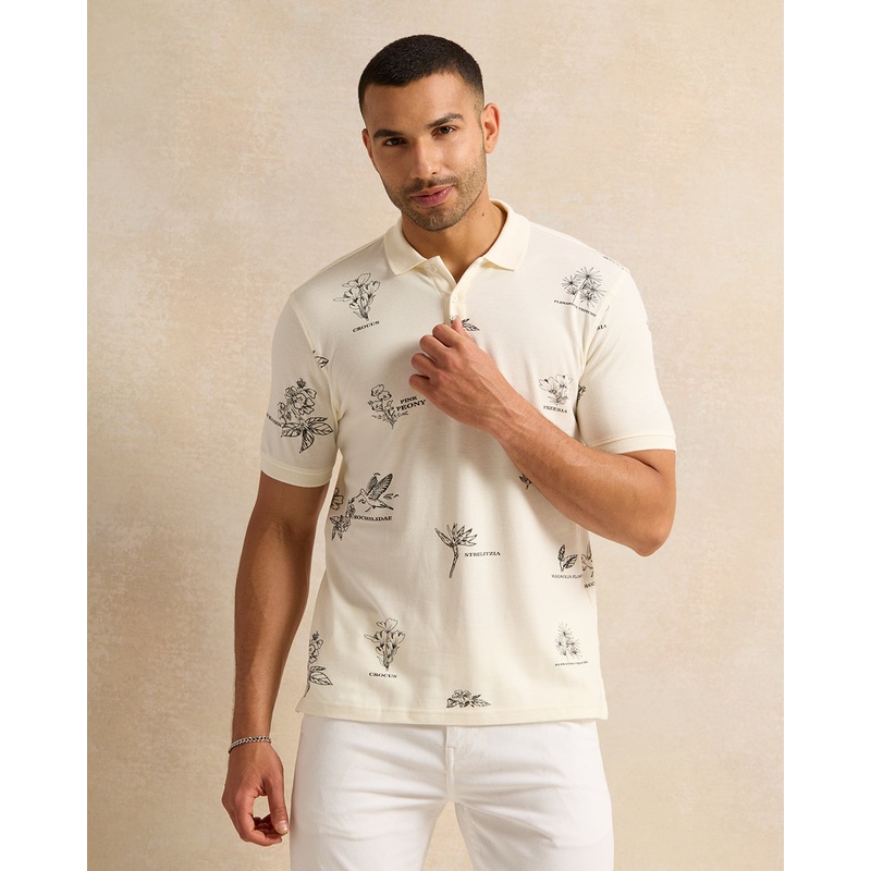 Men Beige Printed Polo Shirt|Small|Medium|Large|X-Large|XX-Large