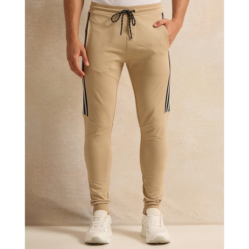 Men Beige Side Striped Active Pants