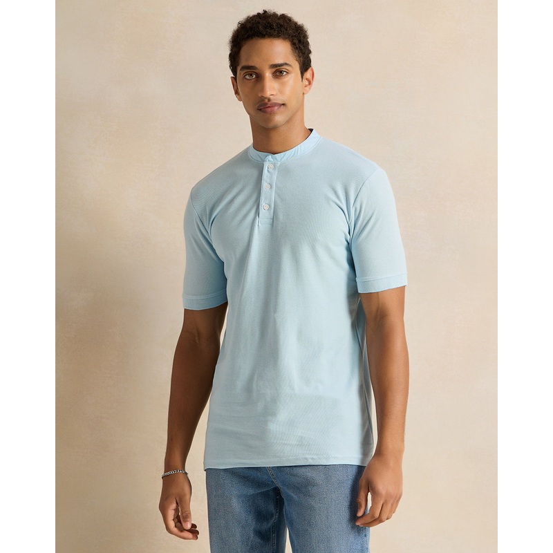 Men Blue Mandarin Collar T-Shirt