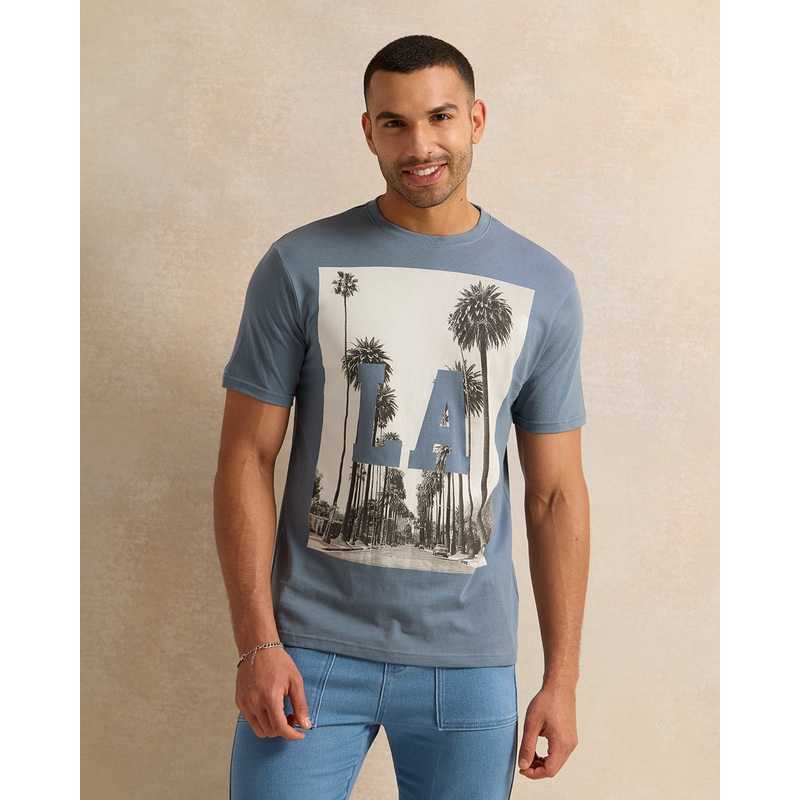 Men Blue Palm Tree Print T-Shirt