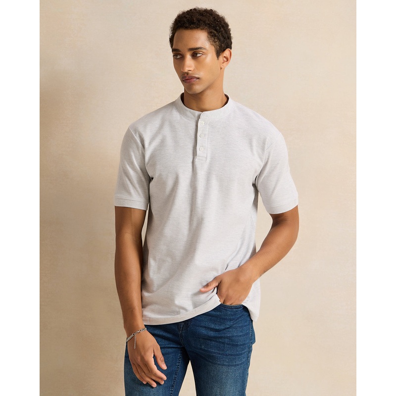 Men Ecru Mandarin Collar T-Shirt
