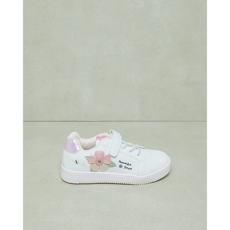 Senior Girls White Floral Embellishment Sneaker