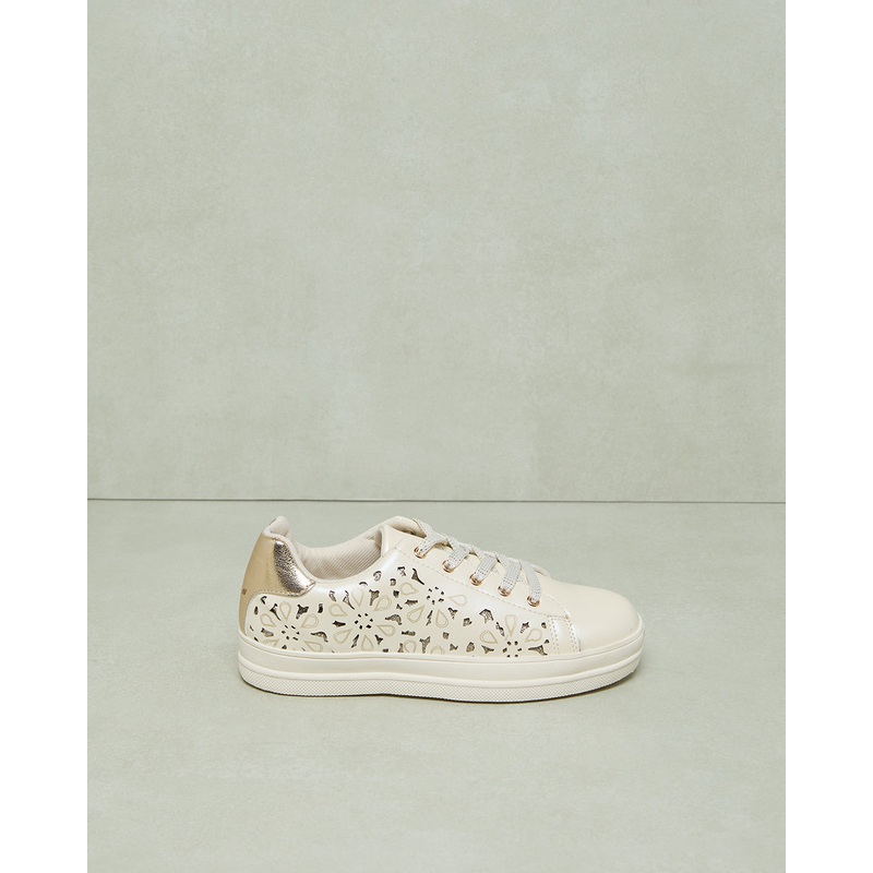 Senior Girls White Laser-Cut Sneakers