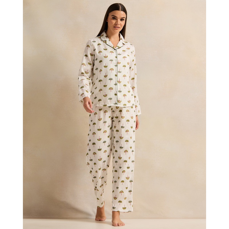 Women Cream Cotton Satin Pyjama Set (2 Piece)