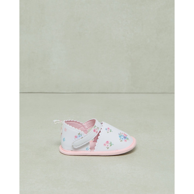 Baby White With Flower Print Pram Shoe