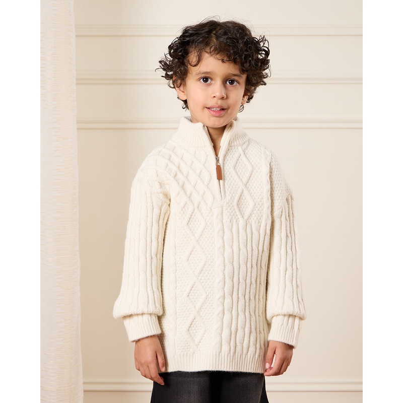 Boys White Half Zipper Cable Knit Jumper